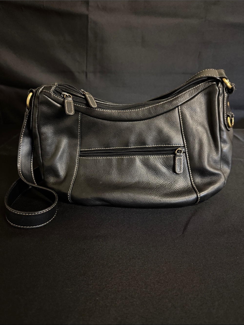 croft & barrow Black Pebble Leather Shoulder Bag with Front Zip